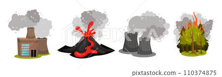 Air Pollution Sources with Industrial Fume and Toxic Waste Emission Vector Scene Set 110374875