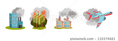 Air Pollution Sources with Industrial Fume and Toxic Waste Emission Vector Scene Set 110374881