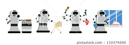 Robot Doing Housework Cleaning and Housekeeping Vector Set Robot Doing Housework Cleaning and Housekeeping Vector Set 110374898