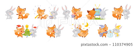 Lovely Little Fox and Bunny Cub Having Fun Together Vector Set Lovely Little Fox and Bunny Cub Having Fun Together Vector Set 110374905