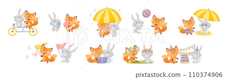 Lovely Little Fox and Bunny Cub Having Fun Together Vector Set Lovely Little Fox and Bunny Cub Having Fun Together Vector Set 110374906