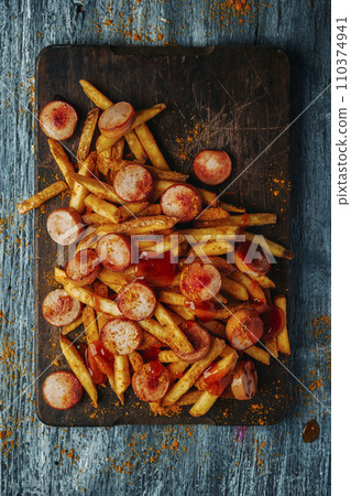 currywurst and chips on a chopping board currywurst and chips on a chopping board 110374941