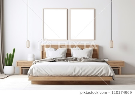 Bedroom interior with a bed and mock-ups of paintings on the wall Bedroom interior with a bed and mock-ups of paintings on the wall 110374969