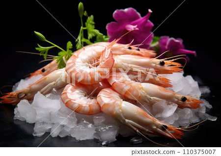 Fresh big red shrimp on ice on a black stone table top view Fresh big red shrimp on ice on a black stone table top view 110375007