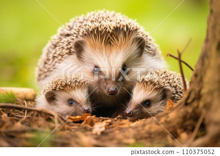 Hedgehogs, Scientific name: Erinaceus Europaeus. Close up of two wild, native European hedgehogs 110375052