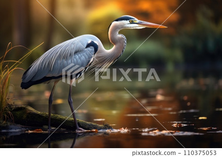 Grey heron hunting for fish in lake Grey heron hunting for fish in lake 110375053
