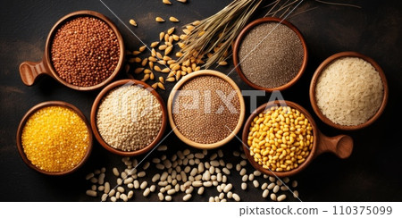 Gluten free cereals. Rice, buckwheat, corn groats 110375099