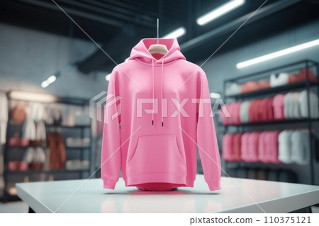 Mockup of pink hoodies on a hanger in a store Mockup of pink hoodies on a hanger in a store 110375121