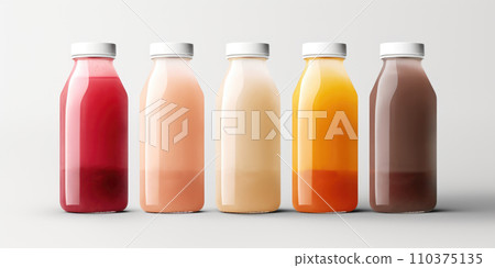 Glass bottles with juice and smoothies of different colors isolated on a white background Glass bottles with juice and smoothies of different colors isolated on a white background 110375135