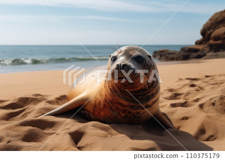 A seal rests lying on a sunny beach A seal rests lying on a sunny beach 110375179