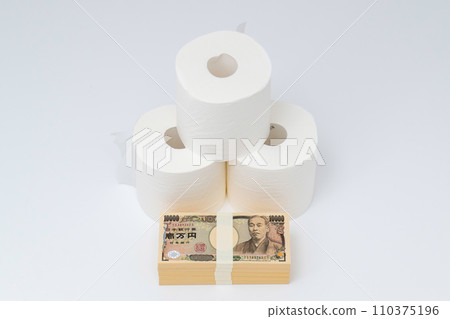 Image of rising prices of white toilet paper and wads of money Image of rising prices of white toilet paper and wads of money 110375196