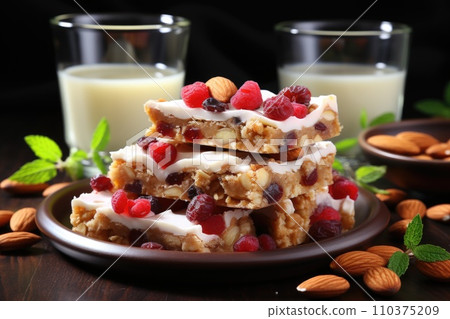 Homemade oatmeal bars with berries and nuts 110375209