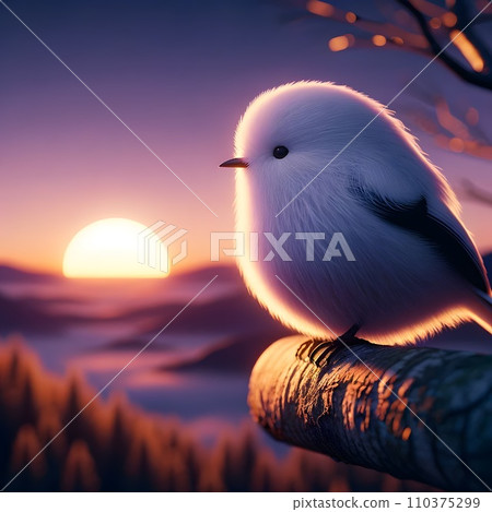 Long-tailed tit watching the sunrise [AI generated] 110375299