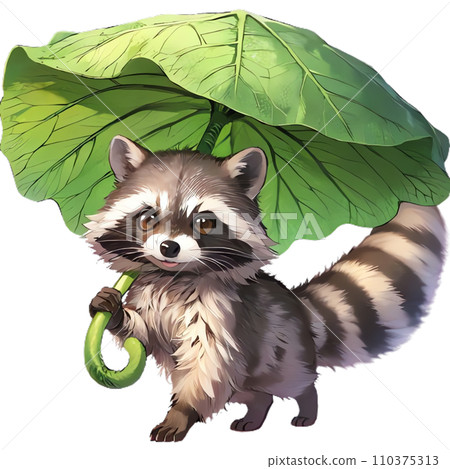 Raccoon holding a leaf umbrella [AI generated] 110375313