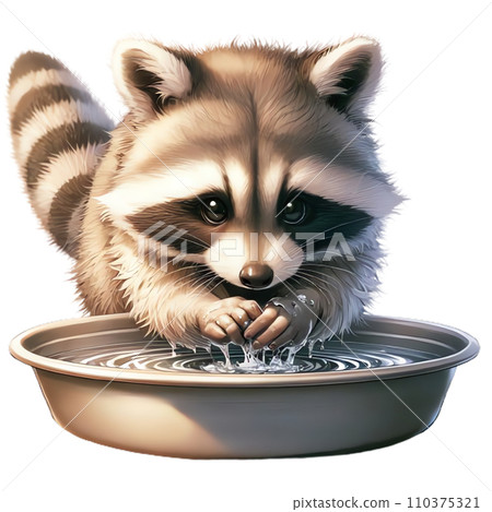 Raccoon washing his hands thoroughly in the sink [AI generated] 110375321