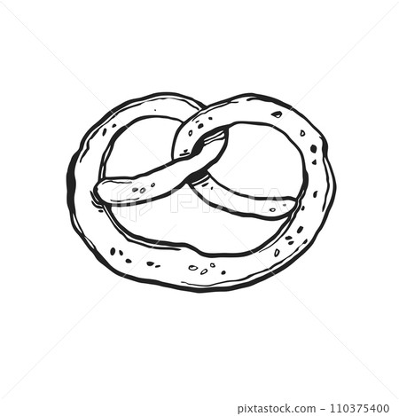 vector German bakery pretzel or bretzel, hand drawn sketch of crispy bread with sesame seed, Oktoberfest beer festival, traditional Bavarian doodle outline pretzel, black and white ink illustration 110375400
