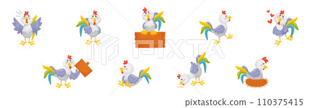 Funny Rooster or Cockerel Character in Different Pose Vector Set 110375415