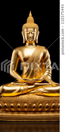Golden Buddha statue isolated on black background, closeup of photo. 110375443