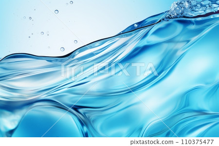 Transparent blue clear water wave surface texture with splashes and bubbles. Cosmetic moisturizer, micellar toner emulsion.World Water Day 110375477