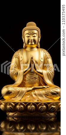 Golden Buddha statue isolated on black background, closeup of photo. 110375495