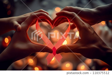 Hands forming a heart shape over a cancer awareness ribbon, expressing love and suppor. World Cancer Day 110375512