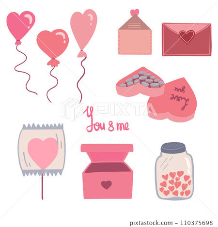 Valentines day flat design set with balloons letters and chocolates 110375698