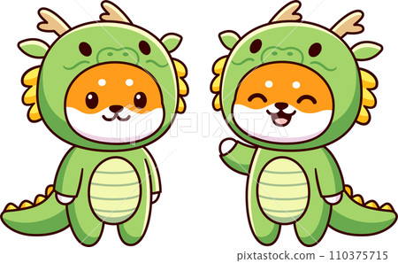 Kawaii Shiba Inu dog in green Chinese dragon costume 110375715