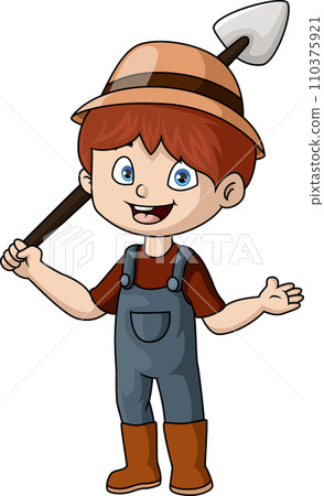 Cute gardener boy cartoon with shovel Cute gardener boy cartoon with shovel 110375921