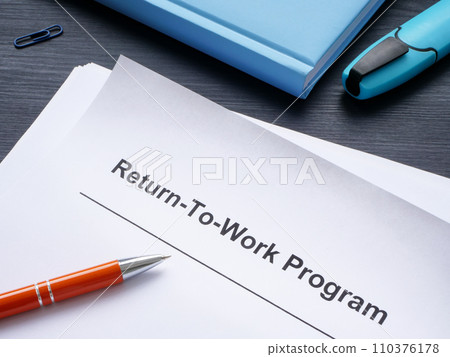 Papers with return-to-work program and pen. 110376178