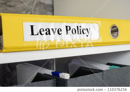 The folder Leave policy lies on the office shelf. The folder Leave policy lies on the office shelf. 110376256