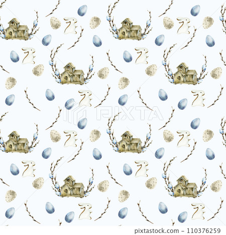 Watercolor spring floral Easter seamless pattern with wooden birdhouse, pale pastel eggs willow branches on white background. Cozy romantic background for textile, packing design Watercolor spring floral Easter seamless pattern with wooden birdhouse, pale pastel eggs willow branches on white background. Cozy romantic background for textile, packing design 110376259