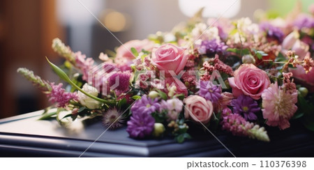 Funeral flowers on the coffin lid Funeral flowers on the coffin lid 110376398