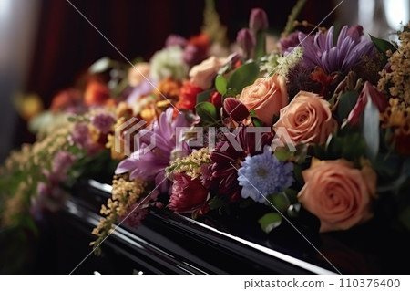 Funeral flowers on the coffin lid Funeral flowers on the coffin lid 110376400