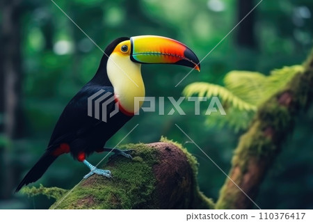 Toucan sits on a branch in the forest, green vegetation Toucan sits on a branch in the forest, green vegetation 110376417