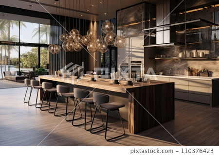 Beautiful kitchen in luxury modern contemporary home interior with island and chairs Beautiful kitchen in luxury modern contemporary home interior with island and chairs 110376423