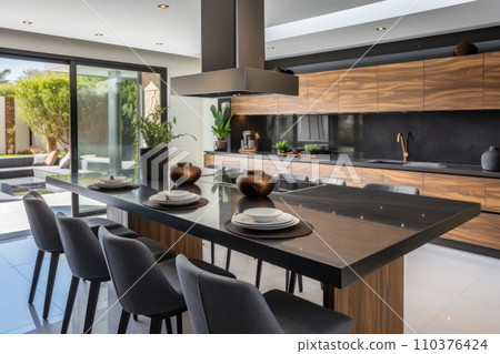 Beautiful kitchen in luxury modern contemporary home interior with island and chairs Beautiful kitchen in luxury modern contemporary home interior with island and chairs 110376424