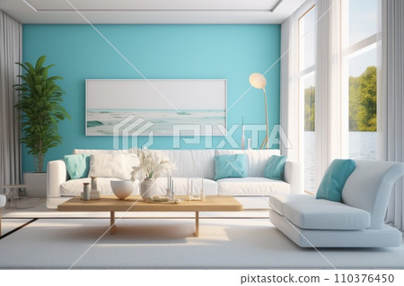 The interior of the living room is turquoise and white The interior of the living room is turquoise and white 110376450