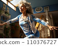 Portrait of an elderly gray-haired woman doing yoga, fitness in the gym 110376727