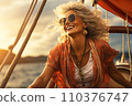 Portrait of beautiful smiling mature woman with long gray hair wearing sunglasses 110376747