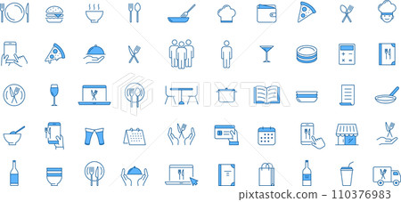 Blue two-color line drawing meal icon set 110376983