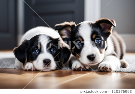 AI-generated content. Two puppys laying at the floor 110376998