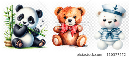 set of teddy bears and ribbon, cute teddy, white hat, brown bear. set of teddy bears and ribbon, cute teddy, white hat, brown bear. 110377252