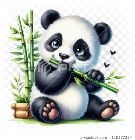 Panda, a teddy bear with bamboo. Illustration on a transparent background. 110377284
