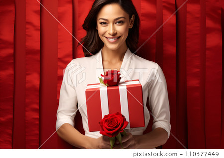 A gorgeous woman in white with gift and rose valentine red background, Valentines day discount promotion advertisement. Generative AI 110377449