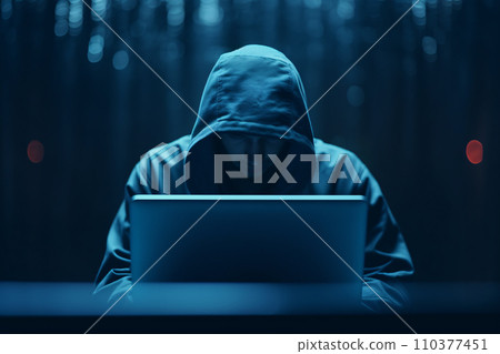 A hacker or scammer using laptop computer on dark technology background, phising, online scam and cybercrime concept. Generative AI A hacker or scammer using laptop computer on dark technology background, phising, online scam and cybercrime concept. Generative AI 110377451