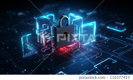 A padlock and hi tech digital background with red and blue neon glow light, symbolize data privacy and data security, cybersecurity concept technology background. Generative AI A padlock and hi tech digital background with red and blue neon glow light, symbolize data privacy and data security, cybersecurity concept technology background. Generative AI 110377453