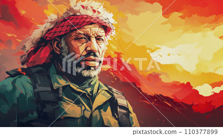 Portrait of a fictional emotional man similar to Palestinian leader Yasser Arafat 110377899