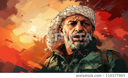 Portrait of a fictional emotional man similar to Palestinian leader Yasser Arafat 110377903