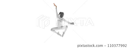 Banner. Dynamic mid-air snapshot of swift motion of female fencer's in jump with blade against white background with negative space for text. Banner. Dynamic mid-air snapshot of swift motion of female fencer's in jump with blade against white background with negative space for text. 110377992