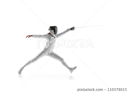 Skilled swordswoman executes precise parry against white studio background. Essence of strategy and athleticism. 110378015